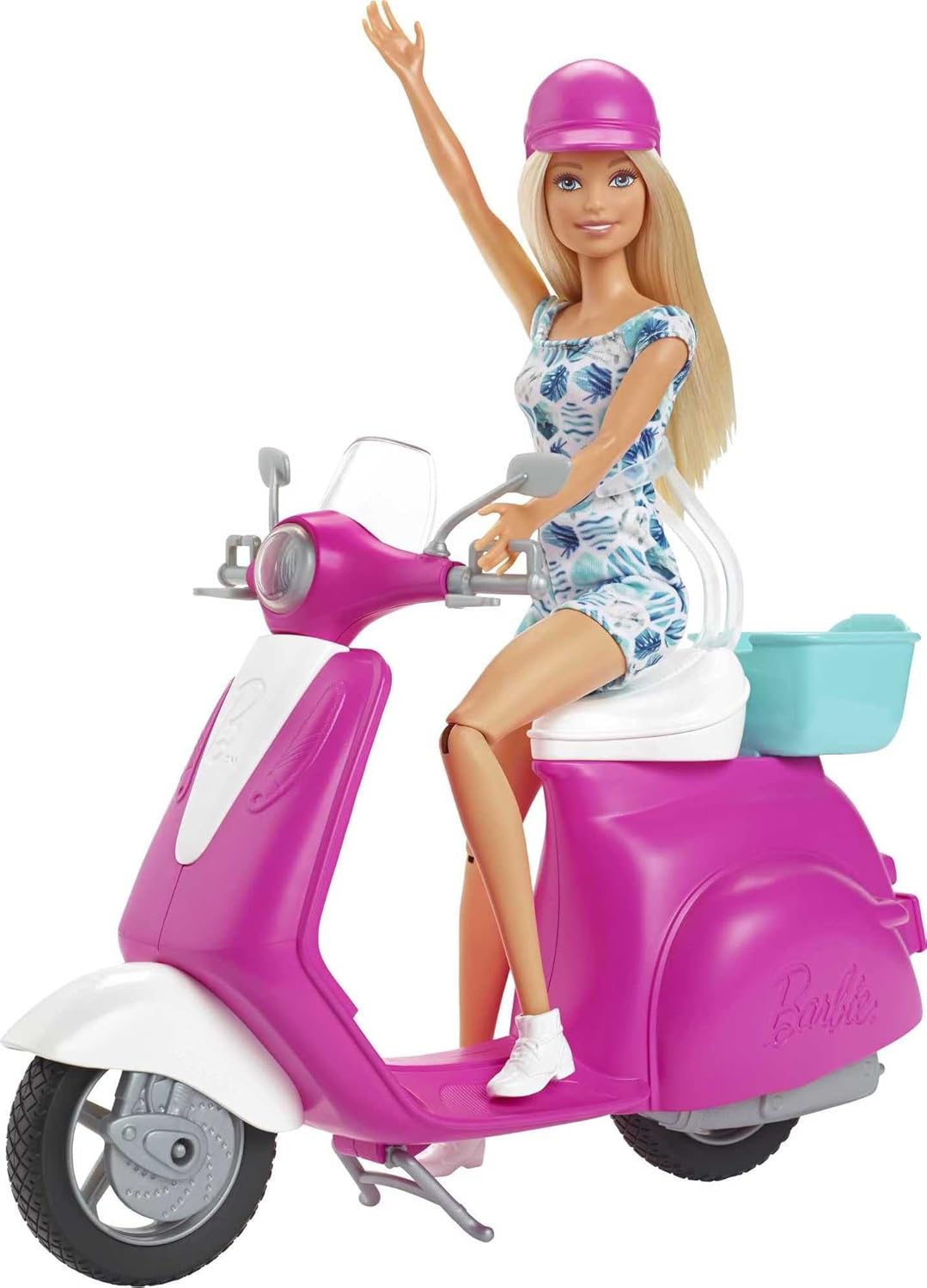 Barbie Doll Blonde, Pink and White Scooter with Kickstand and Teal Basket