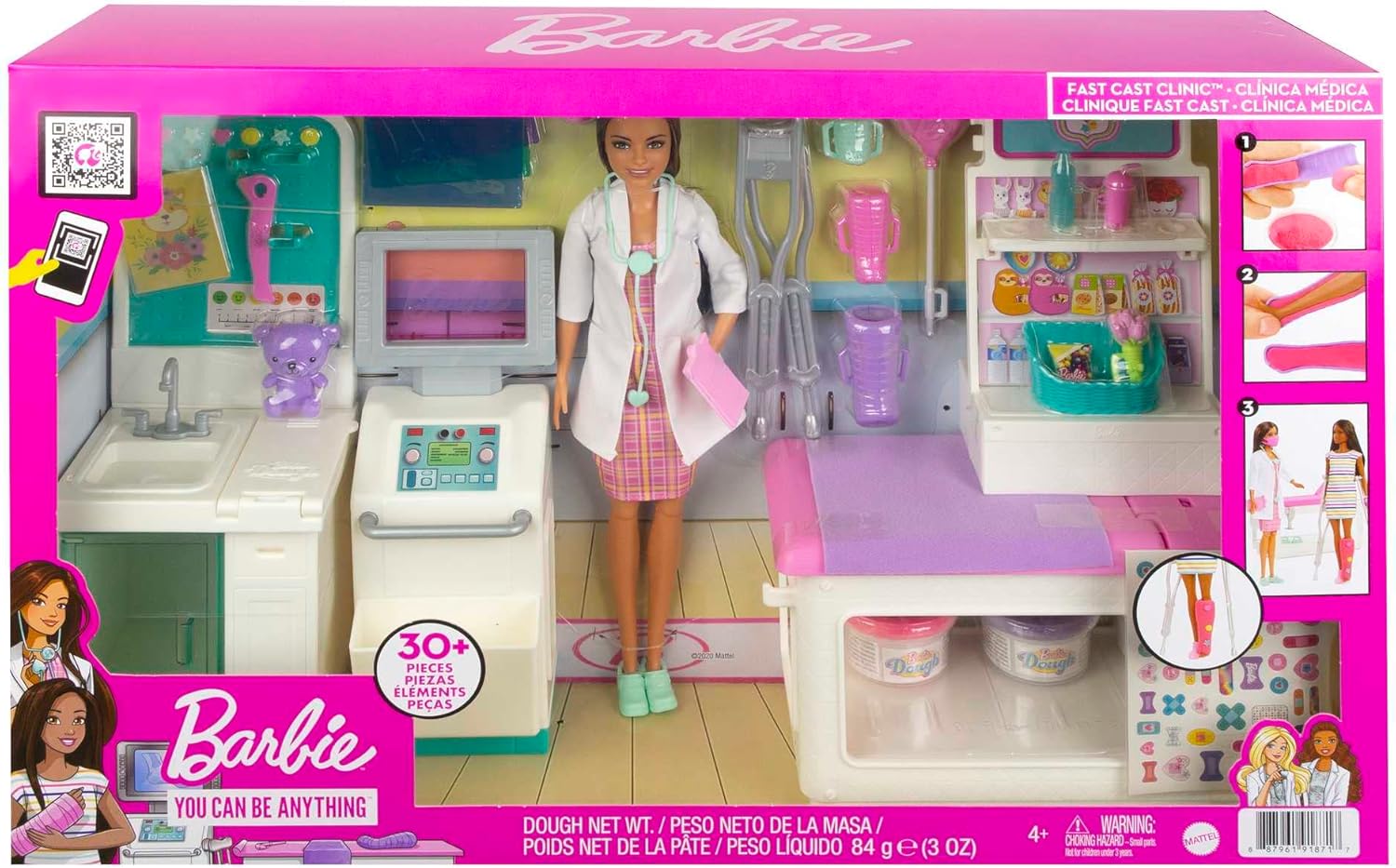 Barbie Fast Cast Clinic Playset with Brunette Barbie Doctor Doll 4 Play Areas, 30+pcs